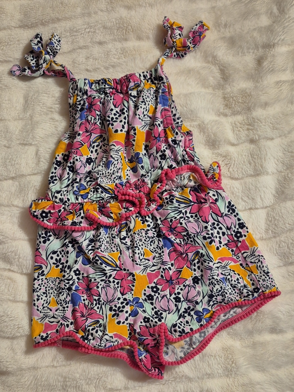 Vince Camuto Girls Floral Tie-Shoulder Romper in Pink, Yellow & Blue